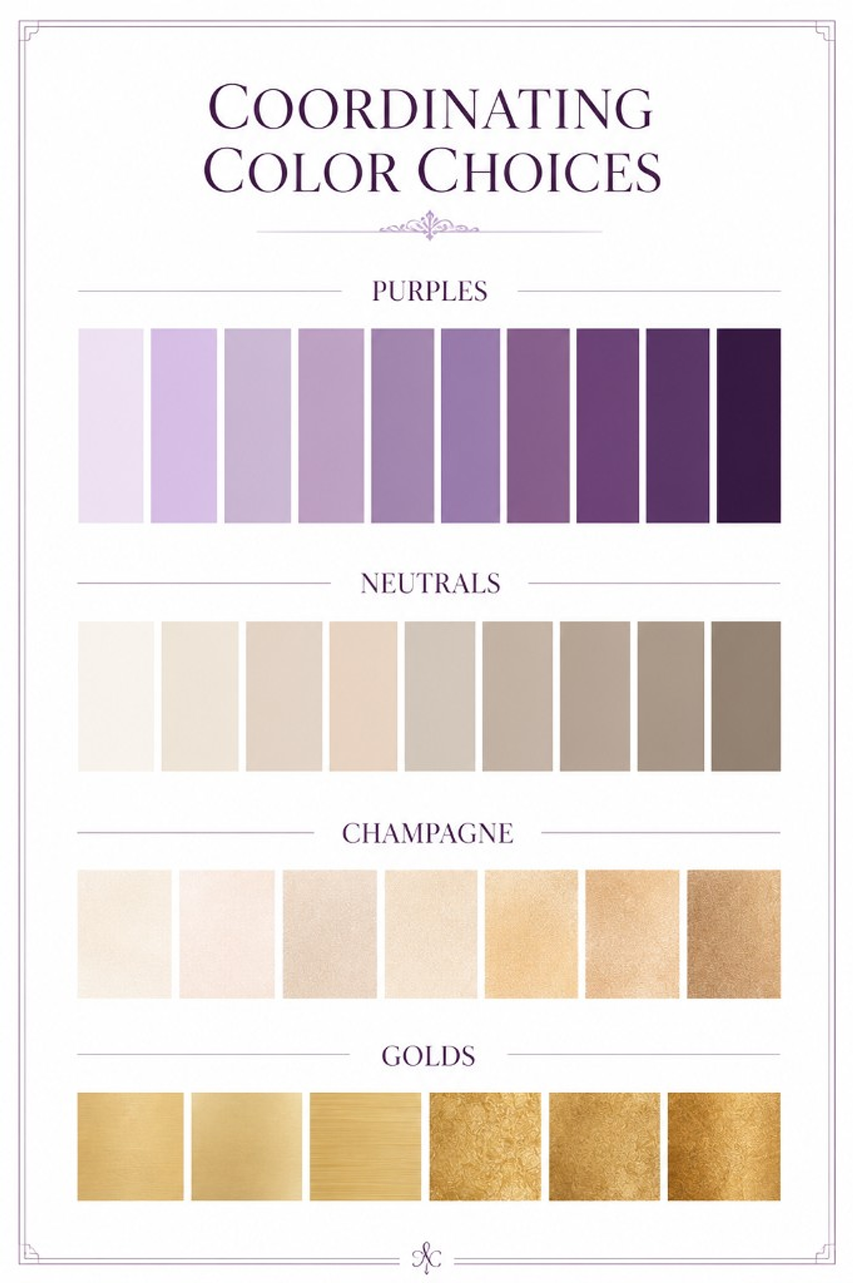 Coordinating color choices: purples, neutrals, champagne, and golds