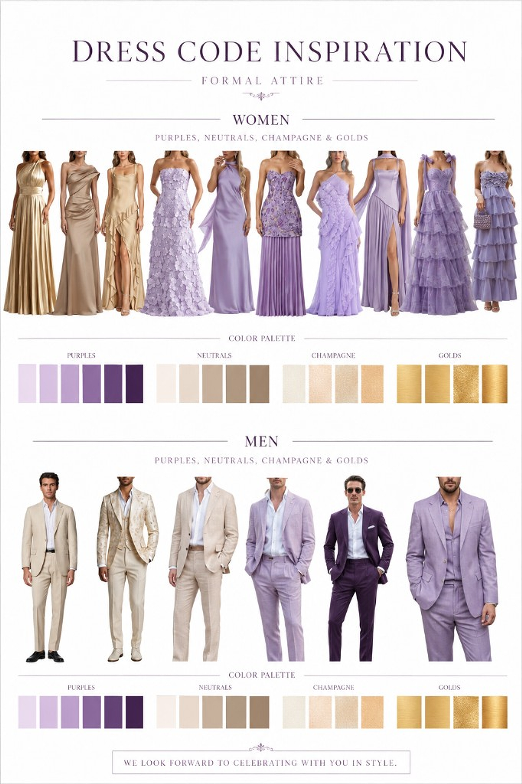 Dress code inspiration — formal attire for women and men in purples, neutrals, champagne, and golds